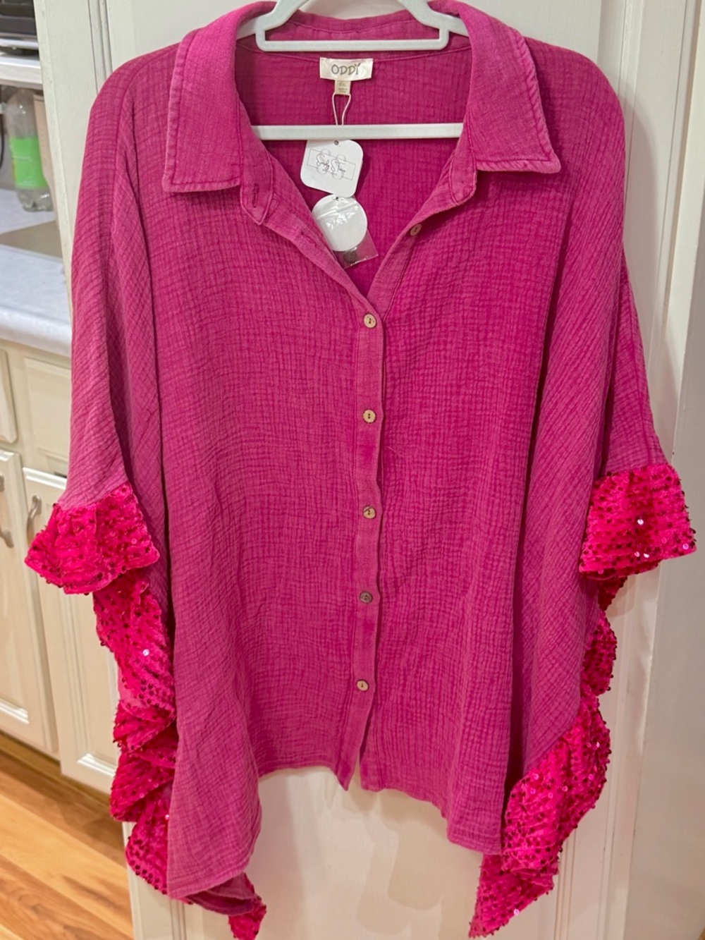 ODDY Hot Pink Button-Down Shirt with Sequin Ruffle Trim